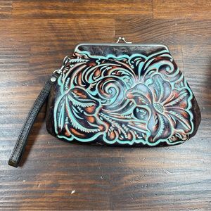 Patricia Nash brown and turquoise leather kiss-lock wristlet